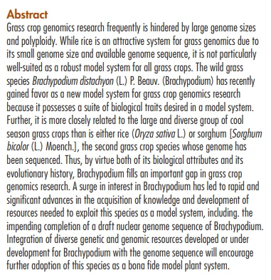 Development of Genetic and Genomic Research Resources for Brachypodium distachyon, a New Model System for Grass Crop Research knowledge and development,polyploidy,genome sizes ,Grass crop genomics,Grass crop genomics